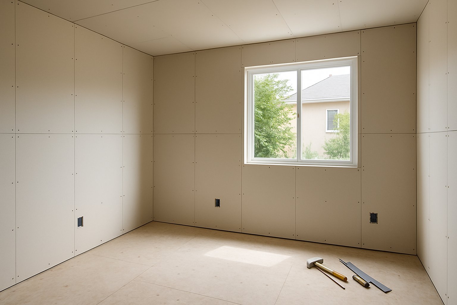 New drywall sheets installed neatly in a bright room