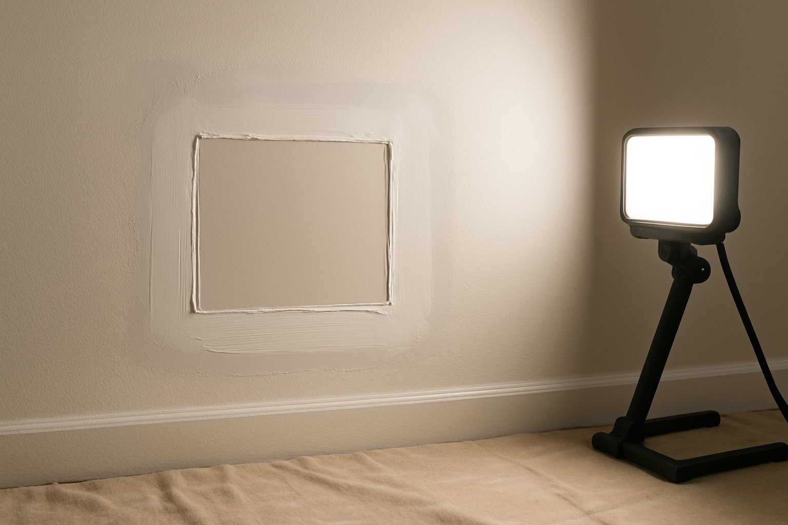 Clean rectangular drywall patch prepared for finishing