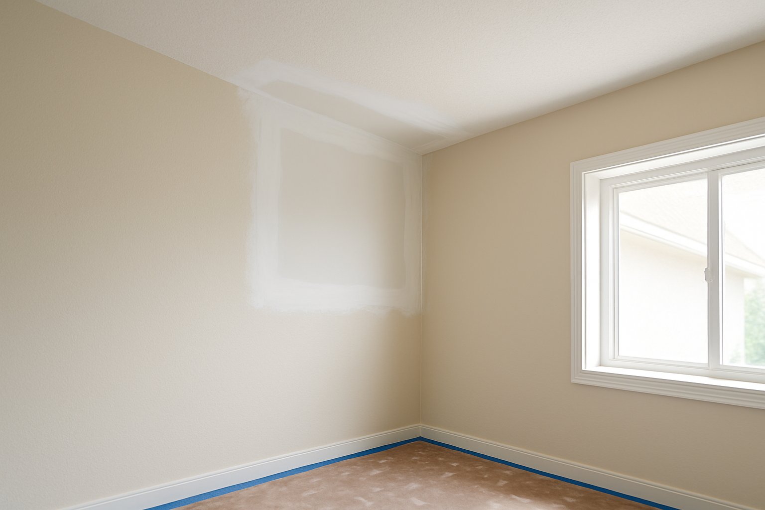 Clean drywall replacement around a former water-stained area